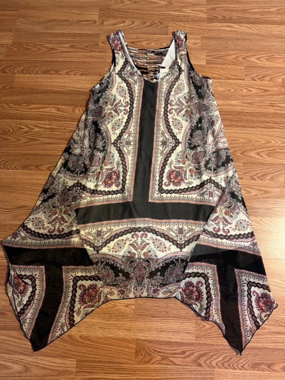 Asymmetrical Paisley Tank Dress in Cream and Brown - Picture 9 of 11